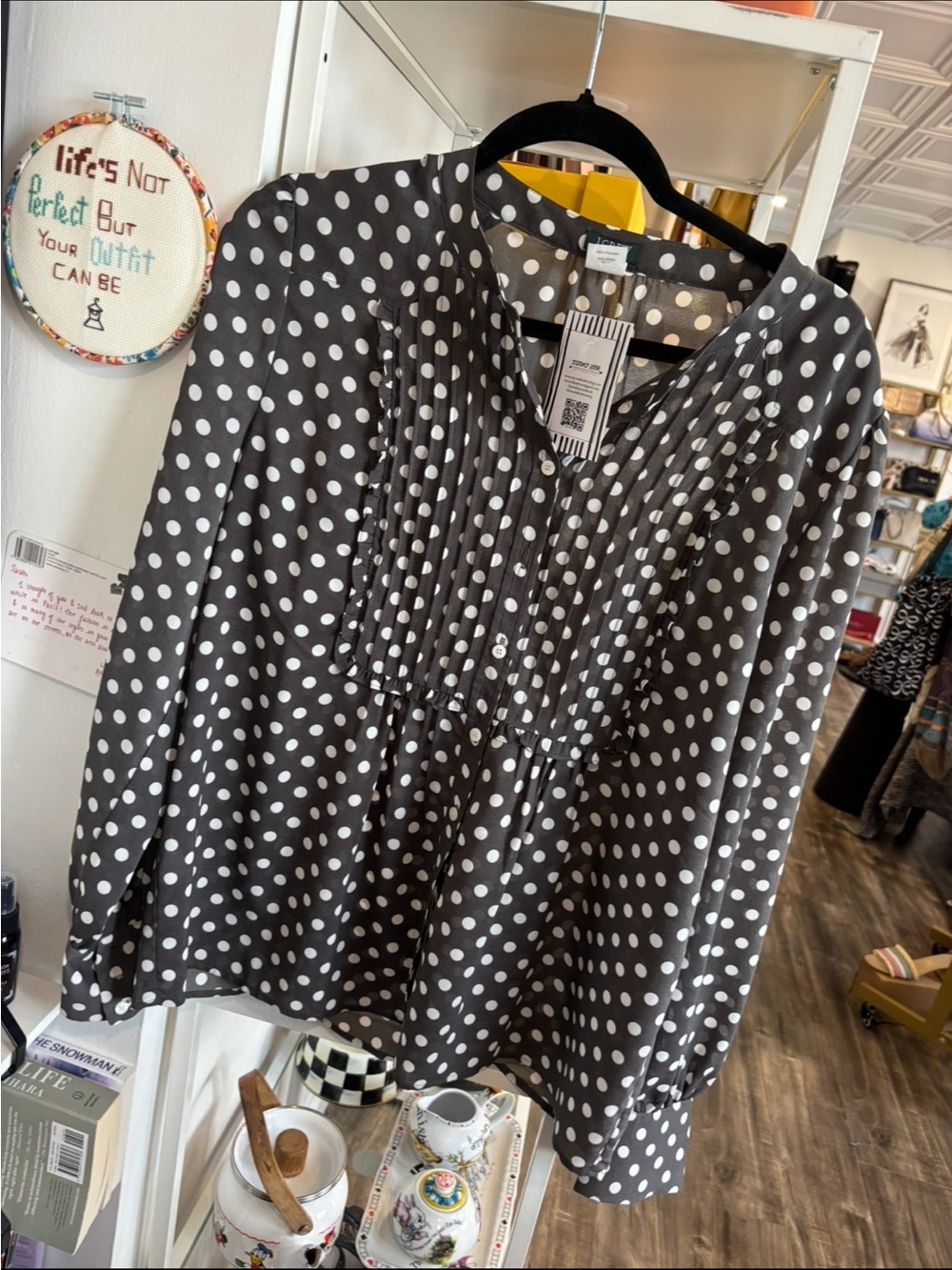 J. Crew gray Blouse with White Polka Dots